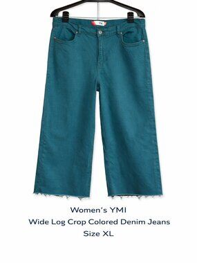Women's YMI Wide Leg Ankle Length Raw Hem Jeans Size XL Color Teal Green